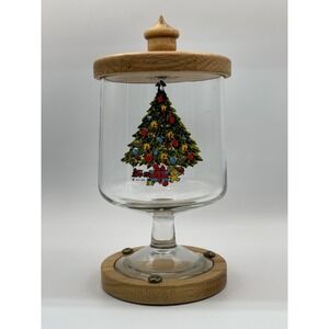 Vintage Christmas Glass‎ Jar w/ Wood Base Holiday Table Decor